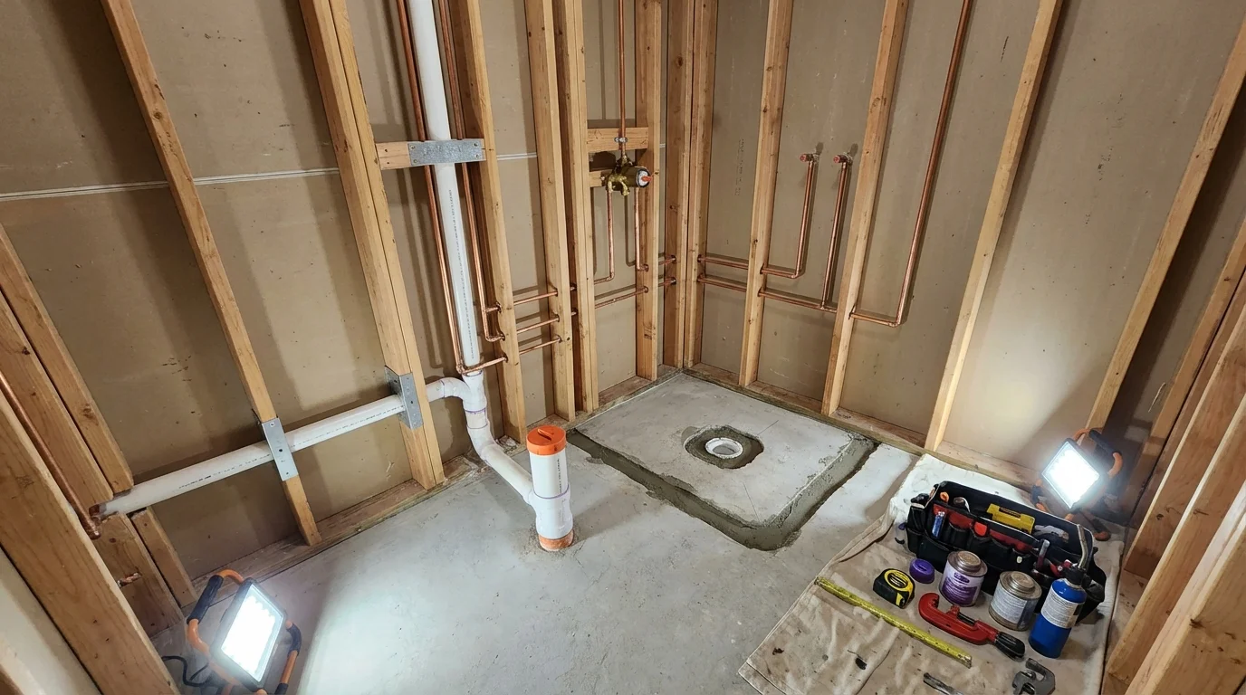 Bathroom rough-in plumbing during remodel by Johns Plumbing LLC in Springville