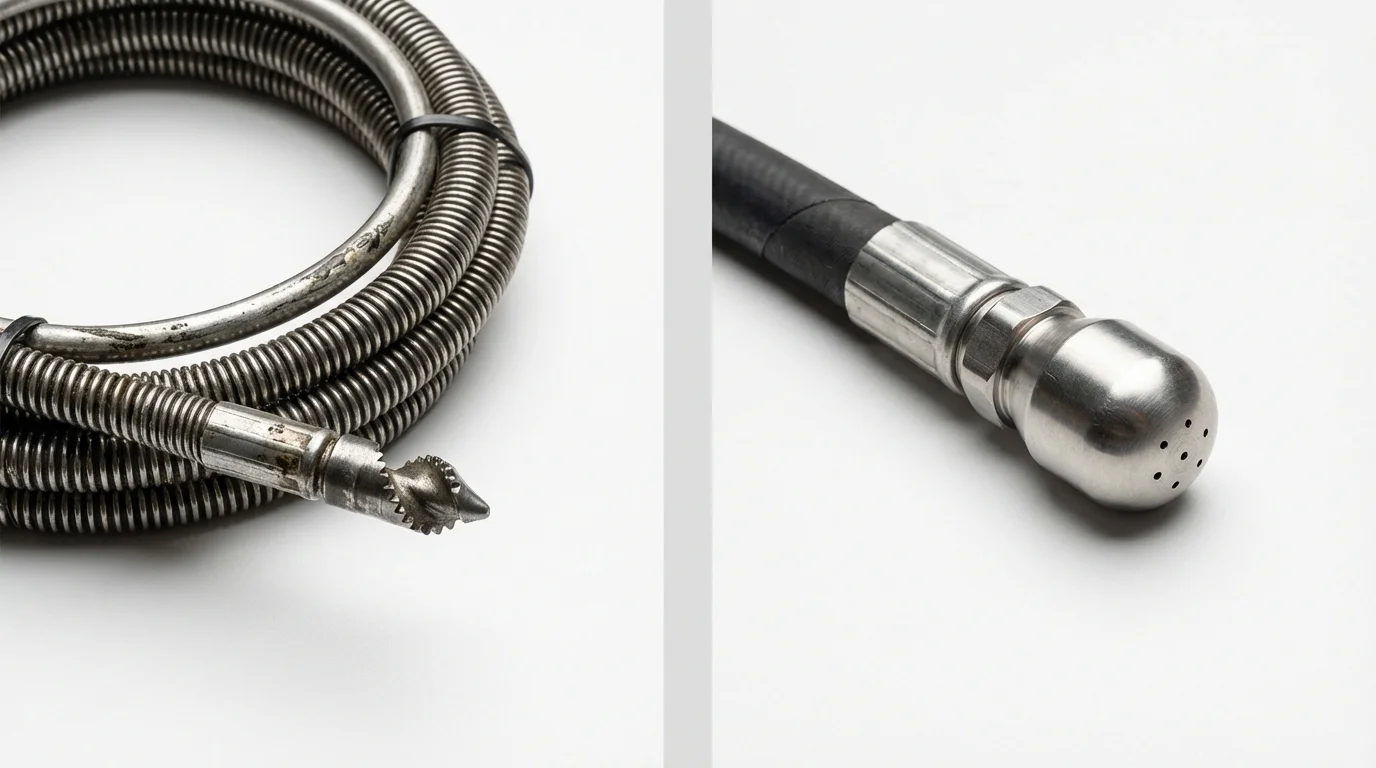 Drain snake cable and hydro jetting nozzle used for drain cleaning in Springville, NY