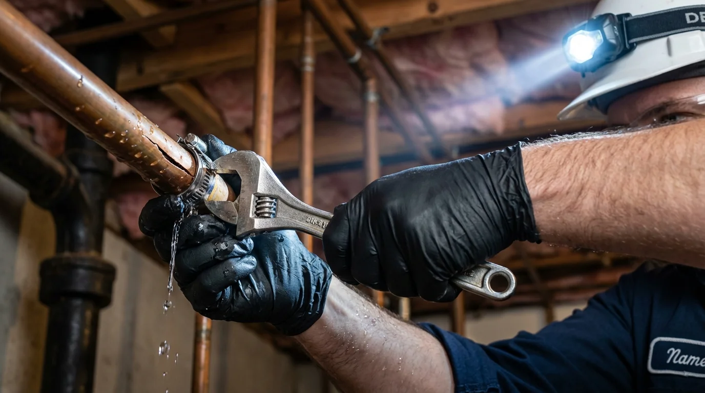 Emergency pipe clamp repair being performed by a Johns Plumbing LLC plumber in Springville
