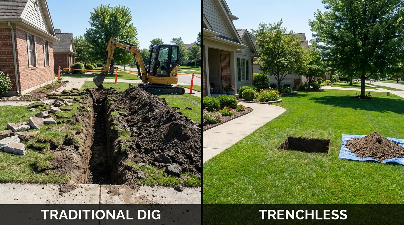 Trenchless sewer repair with minimal yard damage versus traditional excavation in Springville, NY